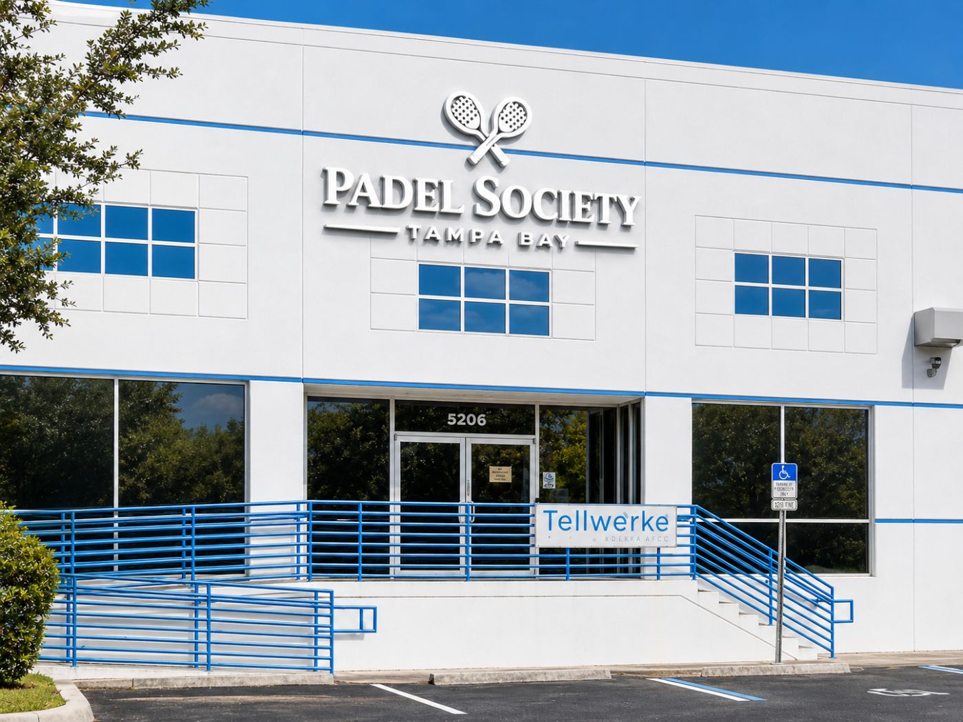 Concept visualization: building exterior with Padel Society signage