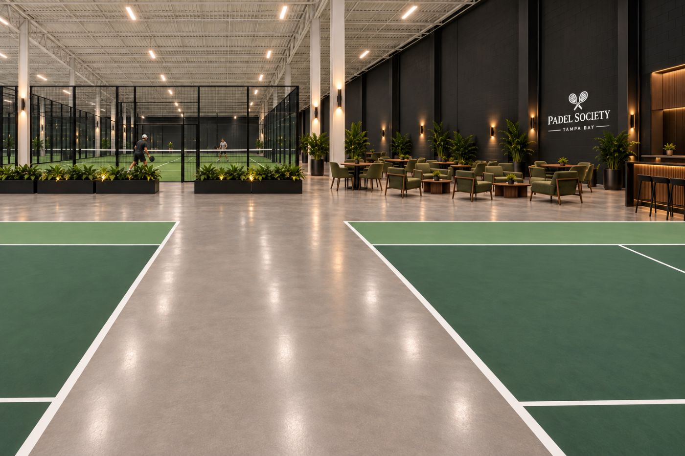 Concept visualization: players on a padel court beside the lounge, with pickleball courts in the foreground