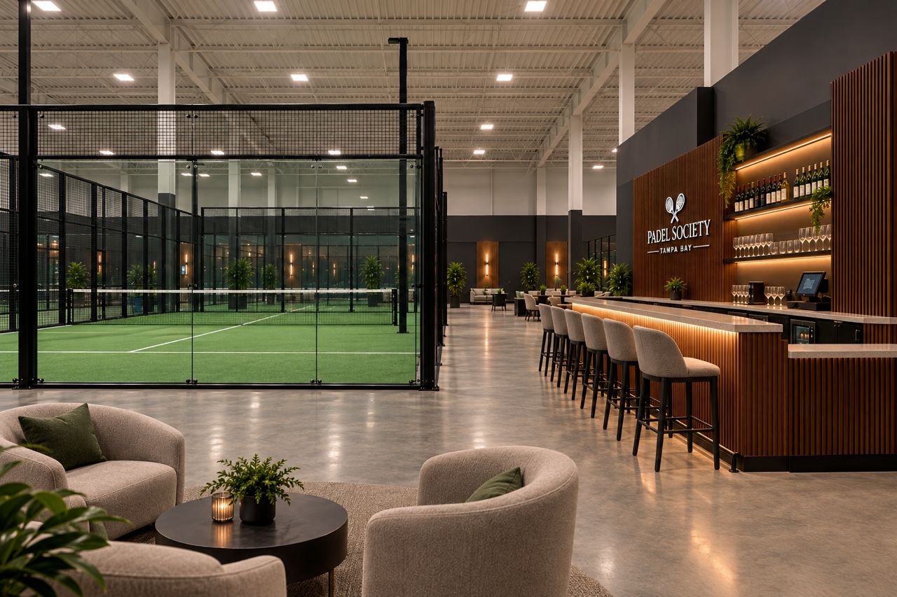 Concept visualization: lounge and bar beside the padel courts