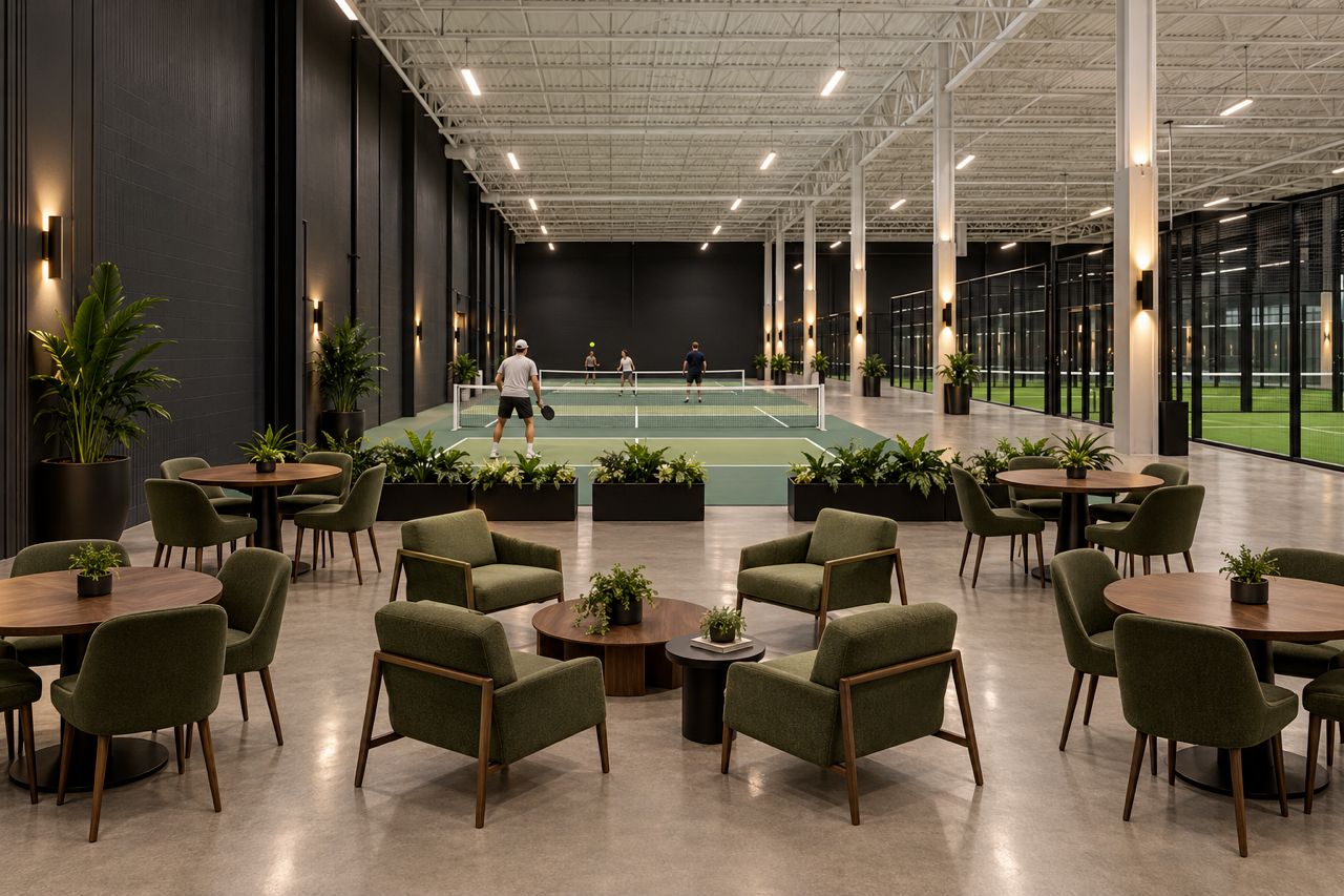 Concept visualization: lounge seating looking toward the pickleball courts